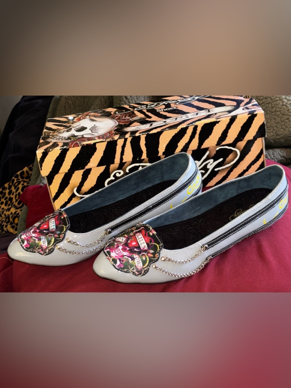 Vintage Y2K Ed Hardy Grey Patent Leather Flats - Love Kills Slowly - NIB SZ 8